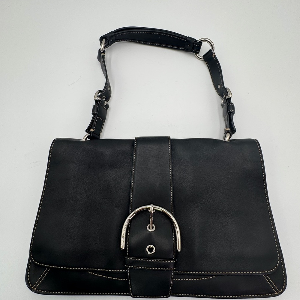 Vintage Coach Black Leather Buckle Flap Shoulder Bag Style 9741